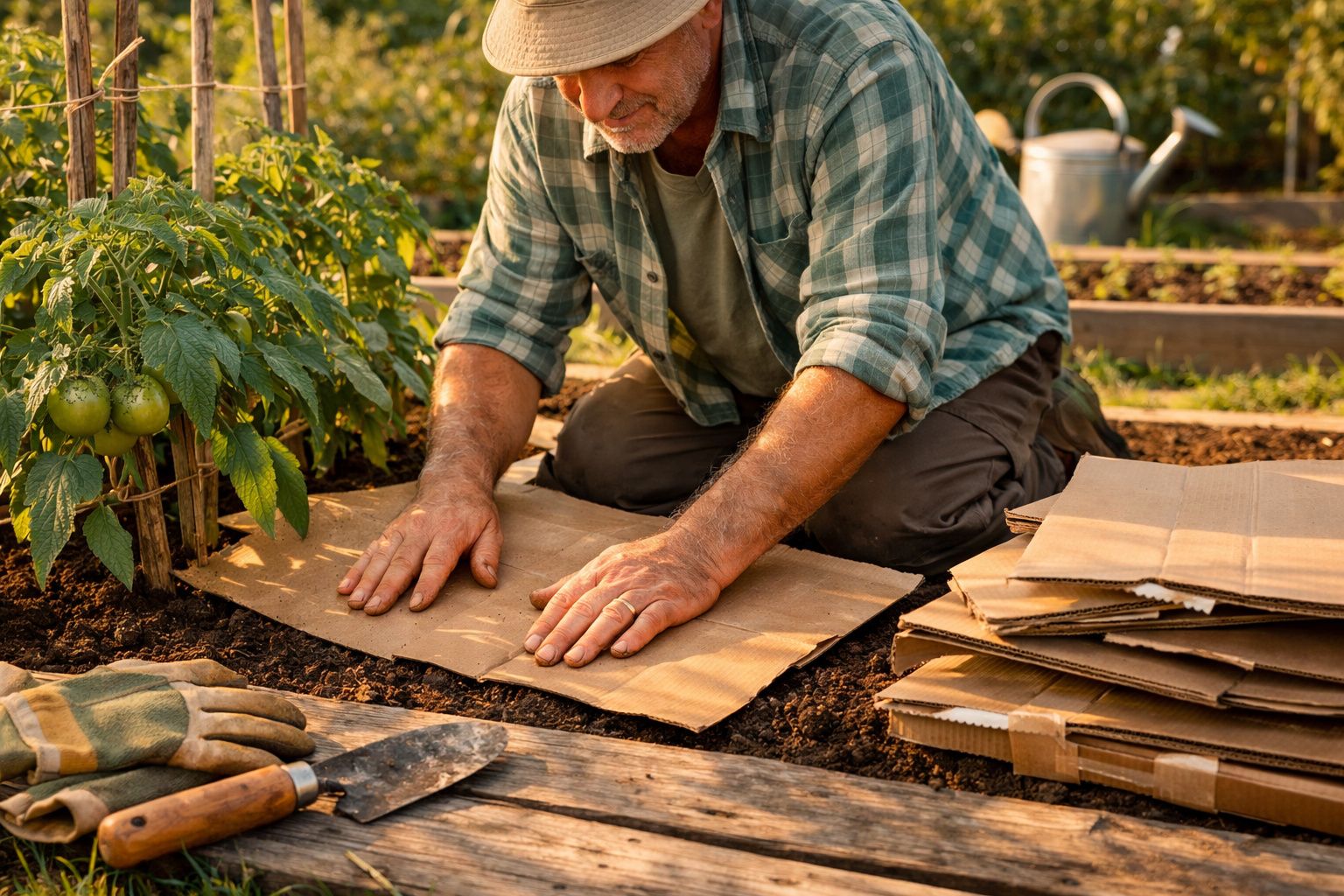 Homem a colocar papelão no solo da horta, rodeado de ferramentas e plantas de tomate.