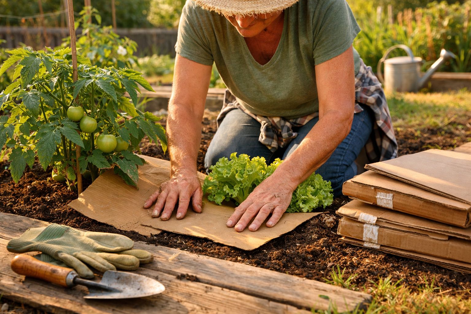 Pessoa a preparar solo no jardim para plantar com luvas, enxada e regador visíveis ao redor.