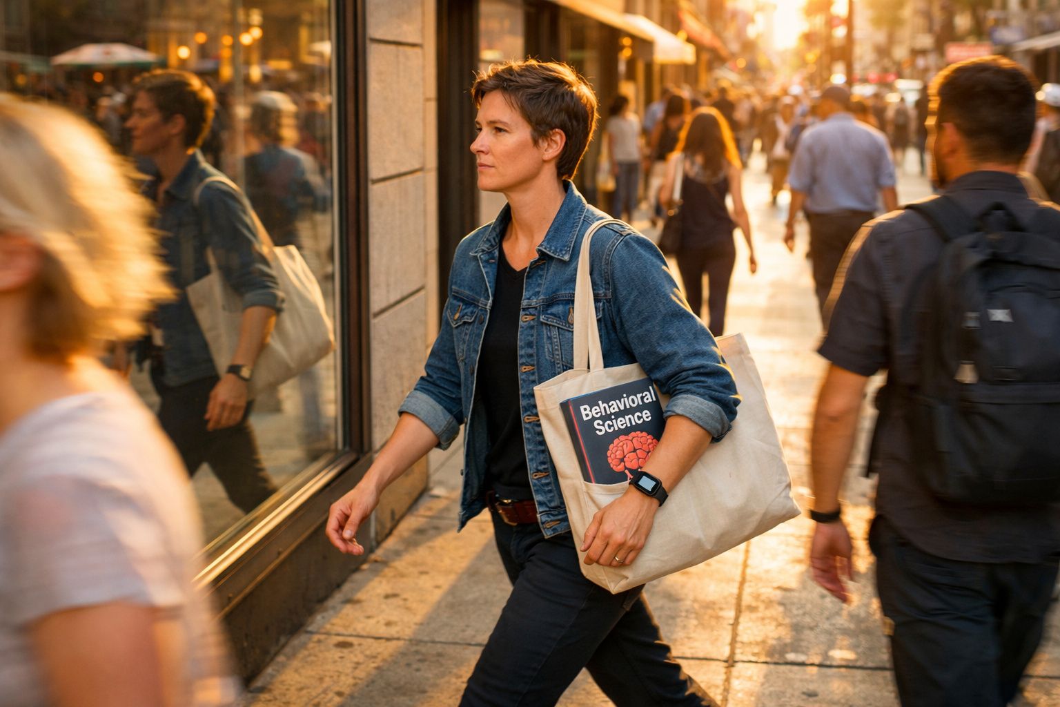 Pessoa com camisa de ganga e alforge com livro "Behavioral Science" caminha na calçada movimentada ao pôr do sol.