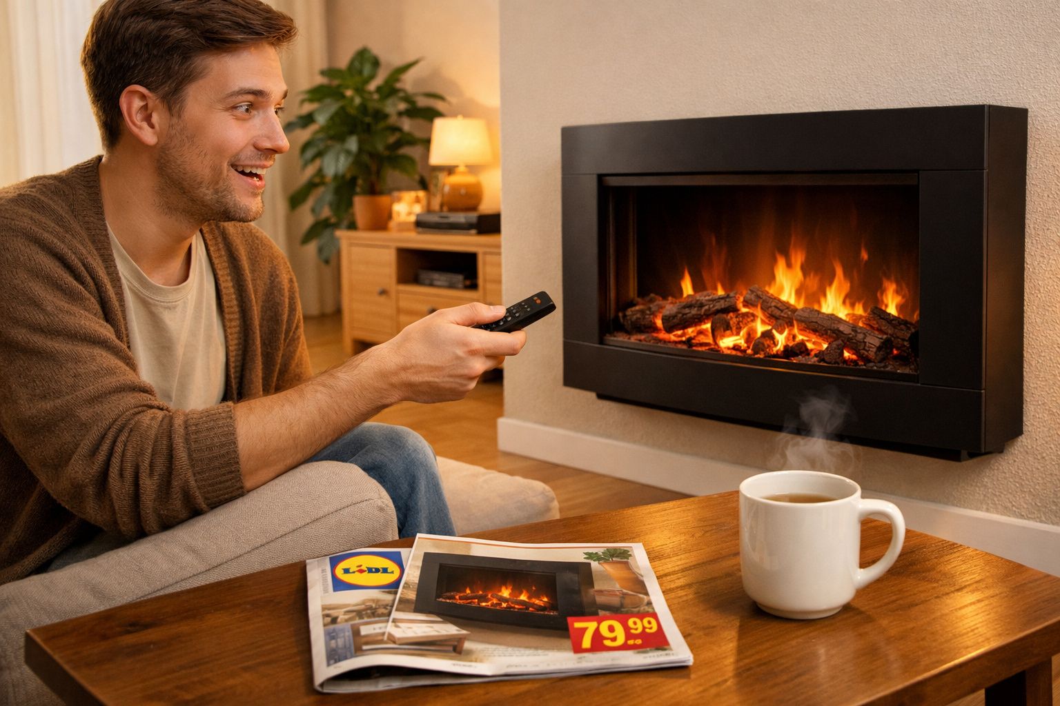 Homem sentado no sofá a sorrir, segurando comando remoto, junto a uma lareira acesa e uma mesa com chávena e catálogo.