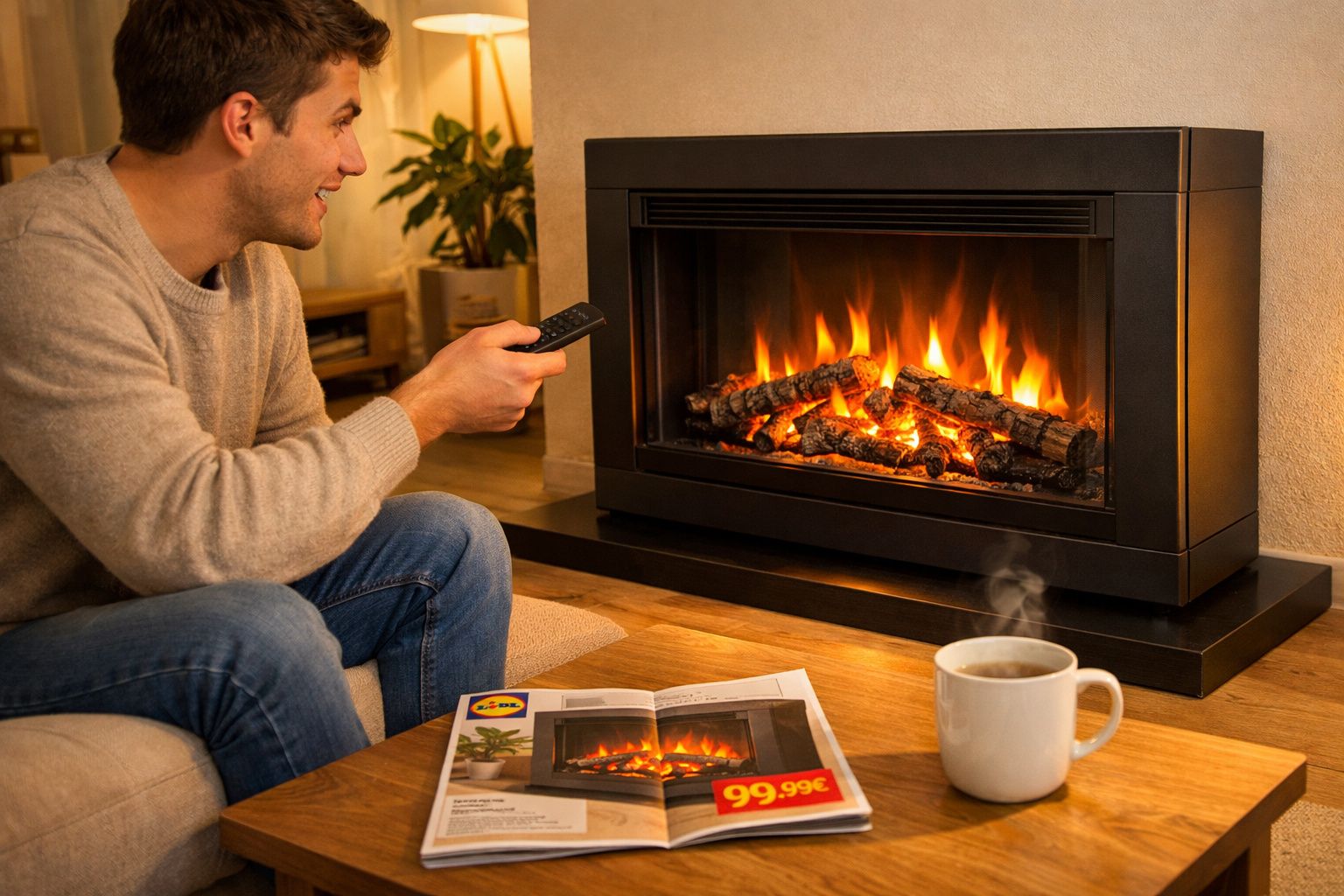 Homem sorridente sentado junto à lareira com comando na mão, revista e chá numa mesa de madeira.