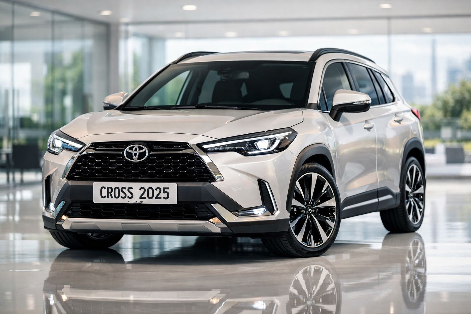 Carro SUV Toyota Cross 2025 branco exibido em ambiente moderno com refletor no chão.