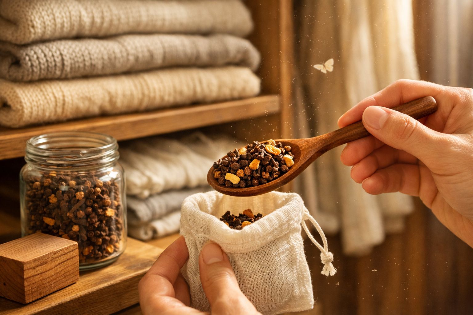 Mãos a colocar mistura de especiarias num saco de pano, com frascos e tecidos ao fundo.