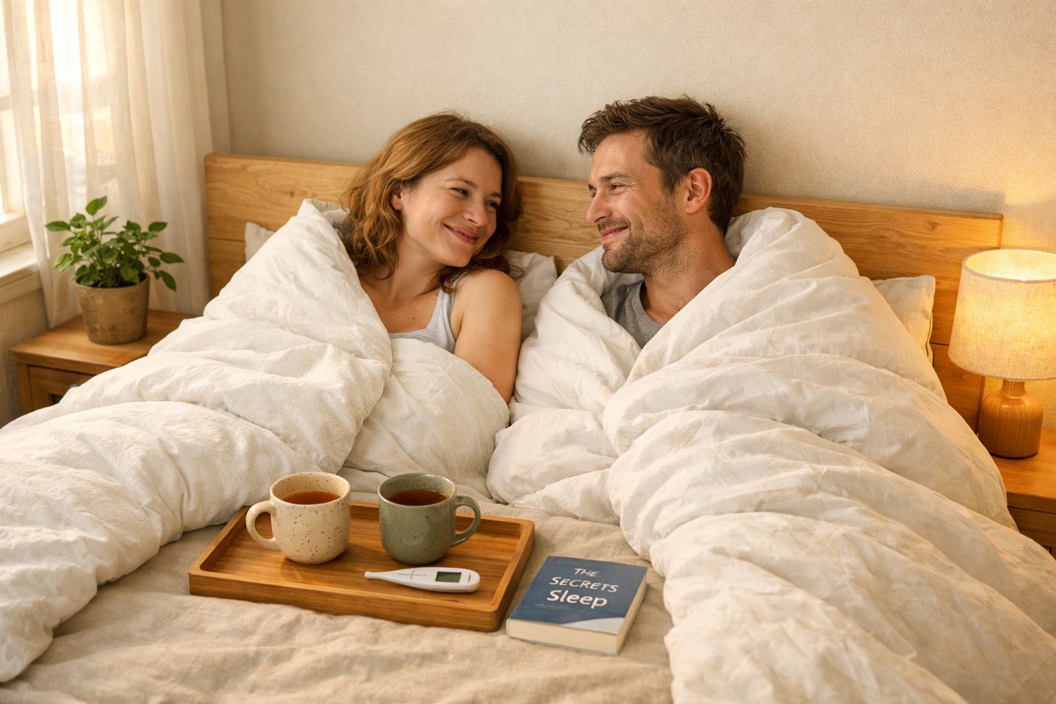 Casal na cama embrulhado em cobertores brancos, com bandeja de chá e livro ao lado, sorrindo um para o outro.