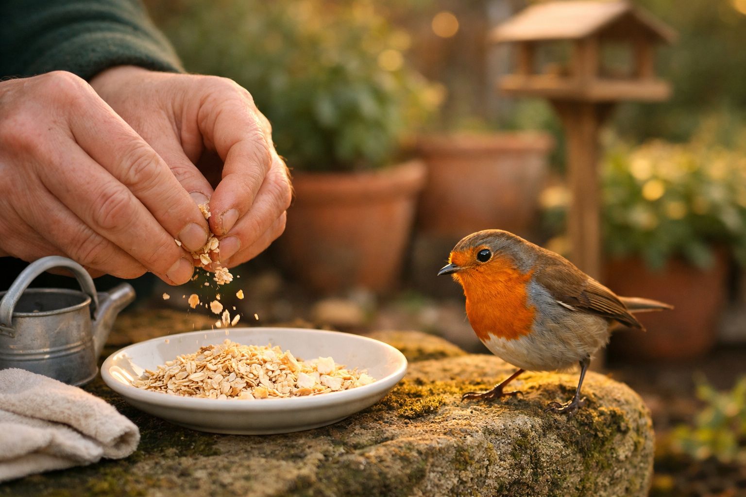 Mãos a depositar comida numa tigela branca para um pequeno pardal-vermelho num jardim com plantas em vasos.
