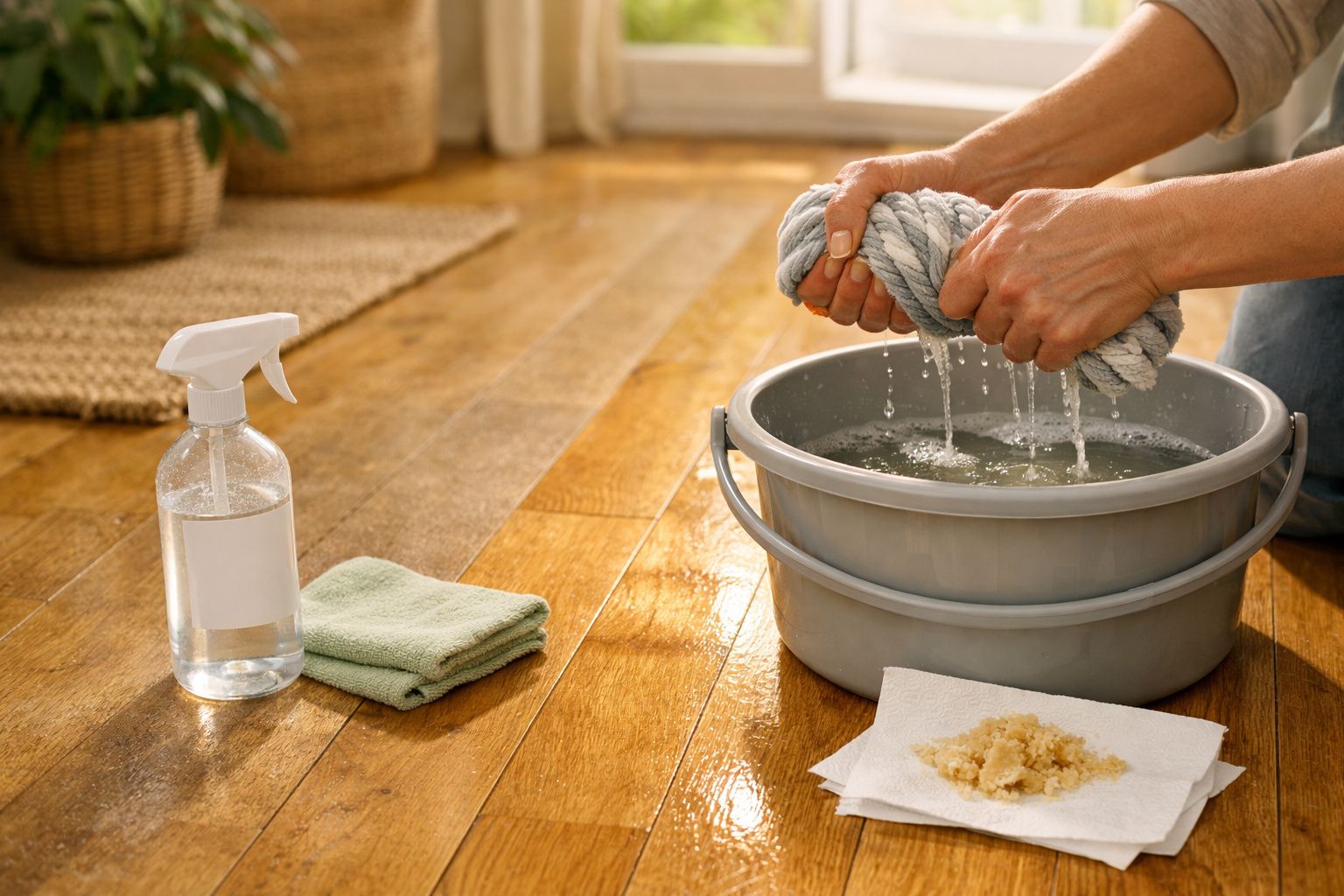 Mãos a torcer uma corda molhada sobre um balde de água junto a utensílios de limpeza no chão de madeira.