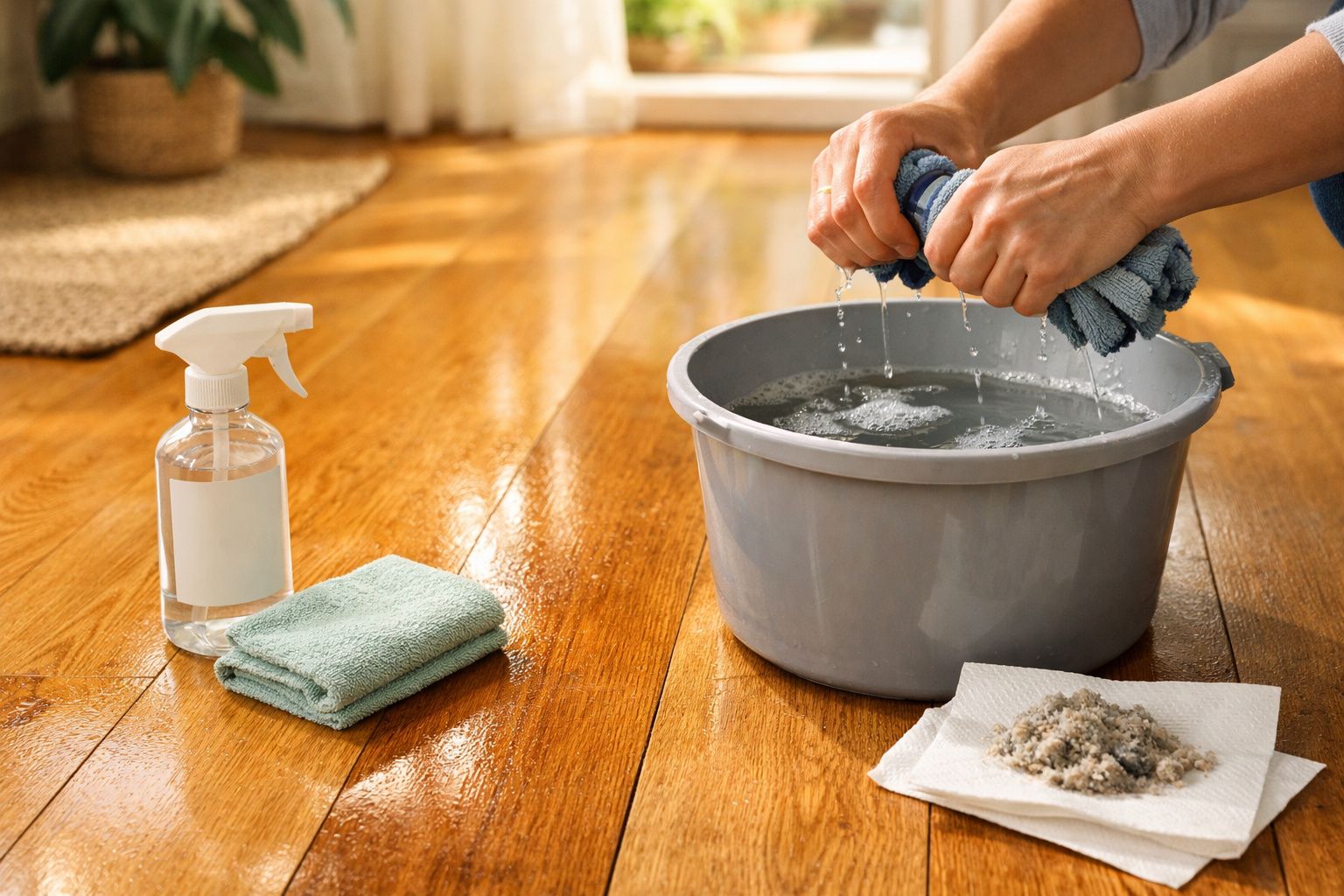 Mãos a torcer um pano azul sobre um balde com água num chão de madeira, toalha, spray e sujeira.