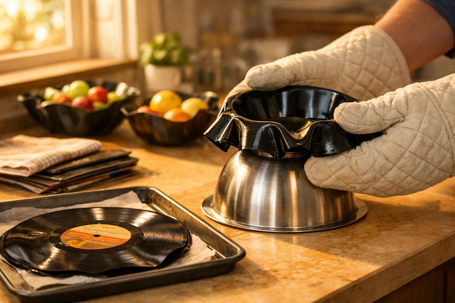 Mãos com luvas de forno a moldar um disco vinil num pirex invertido na cozinha iluminada pelo sol.