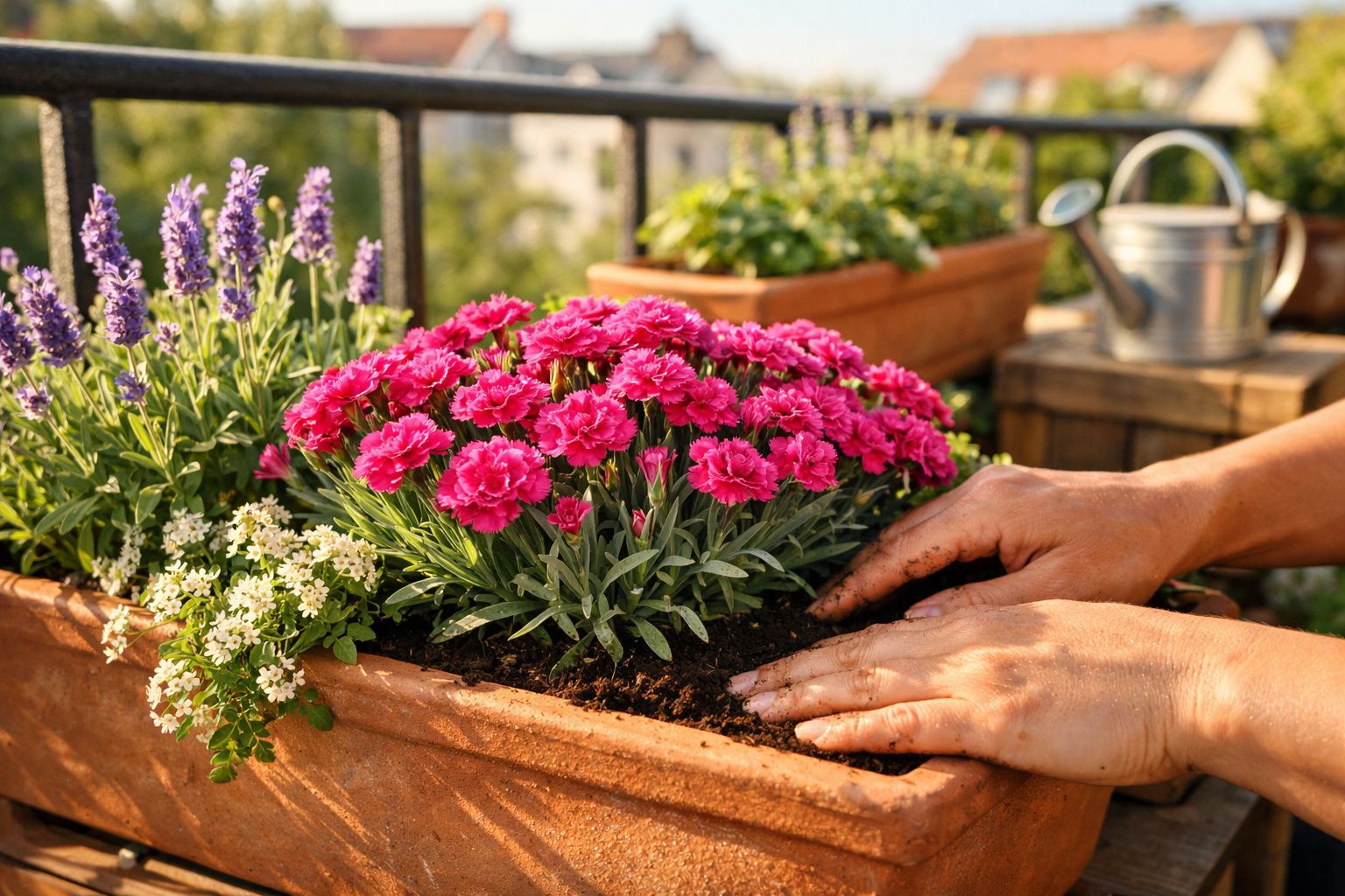 Mãos a cuidar de flores coloridas numa jardineira numa varanda ensolarada com regador ao fundo.
