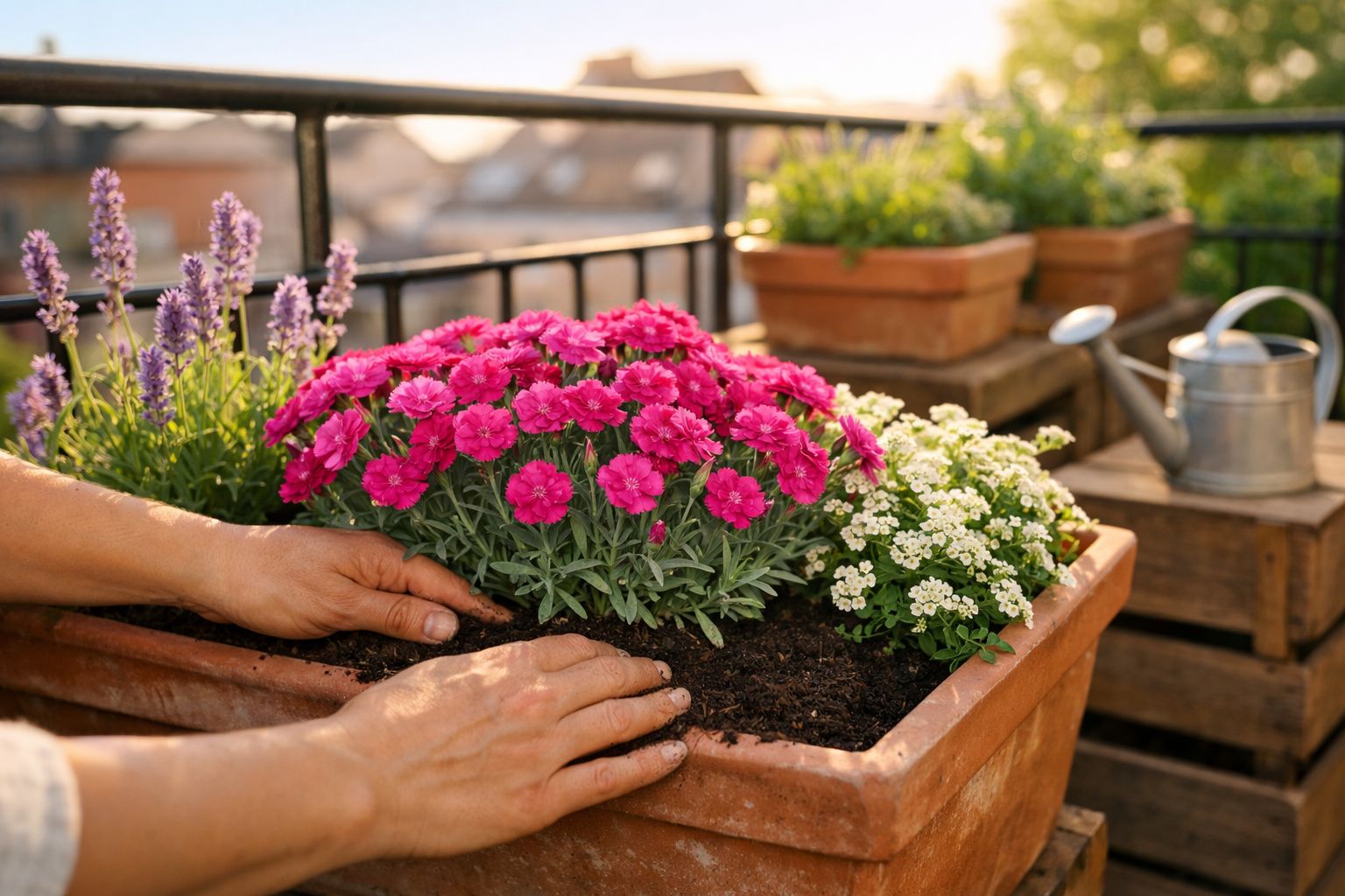 Mãos a cuidar de flores em vaso de barro num terraço com regador e mais plantas ao fundo.