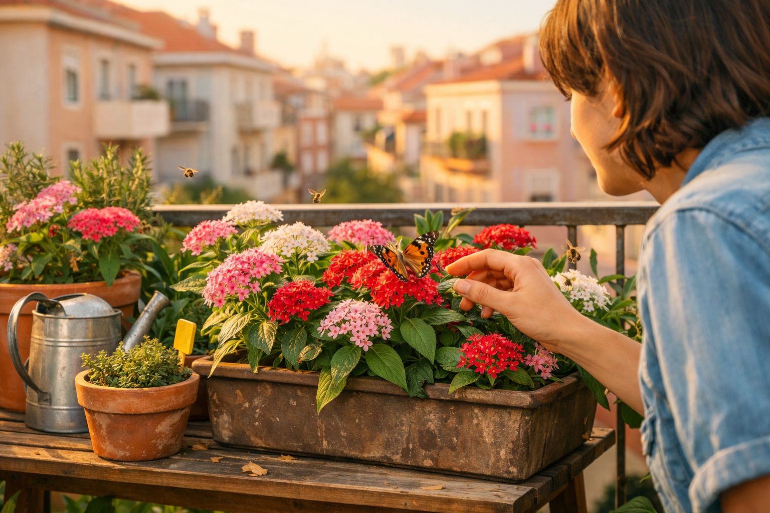 Pessoa a tocar numa borboleta em flores coloridas num terraço urbano durante o pôr do sol.