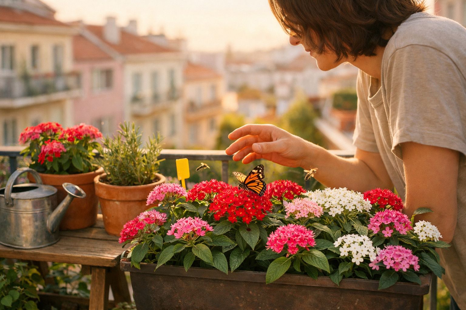 Pessoa a tocar suavemente numa borboleta laranja em flores coloridas numa varanda ao pôr do sol.