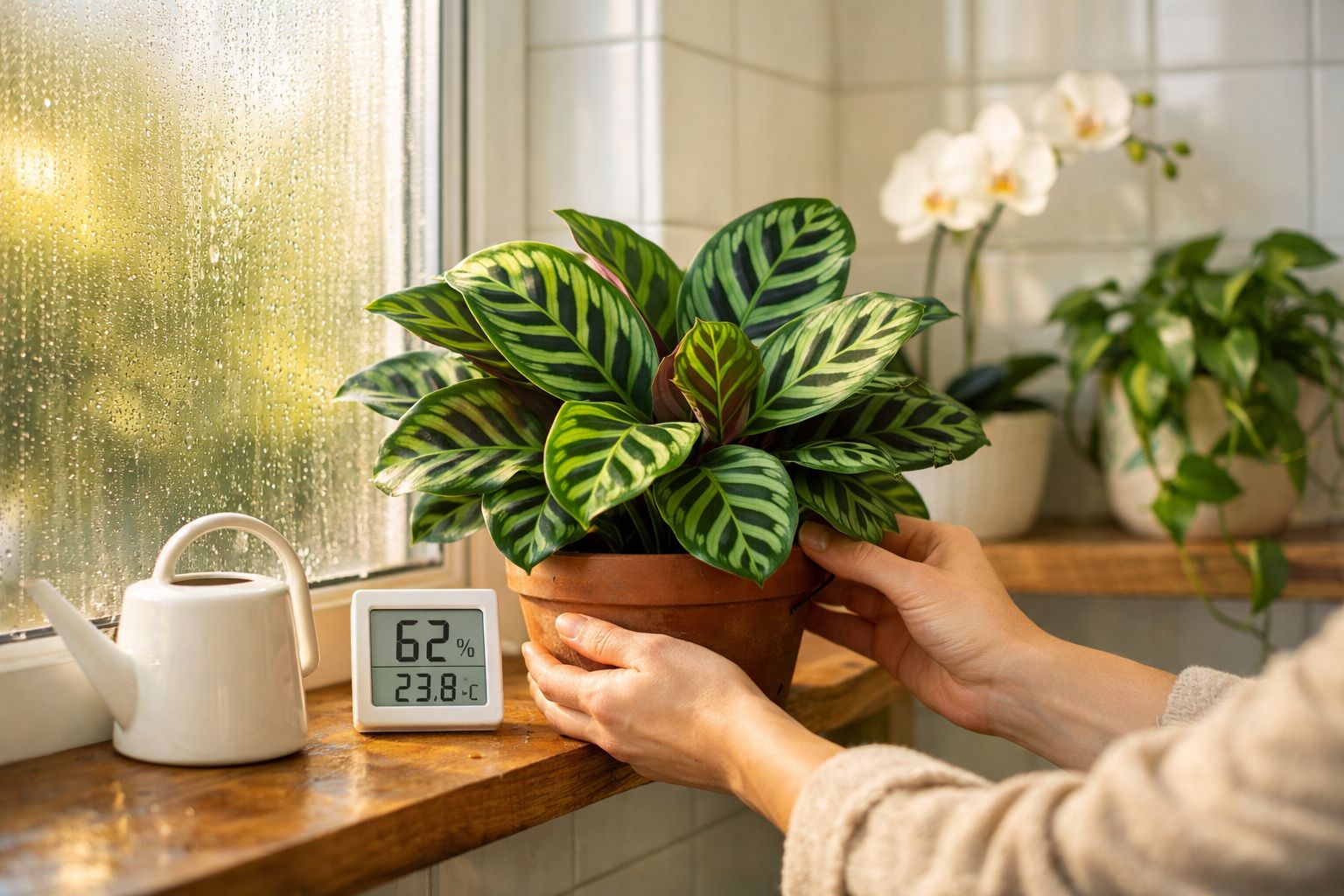 Pessoas a colocar planta verde num vaso de barro numa janela com regador e medidor de humidade e temperatura.