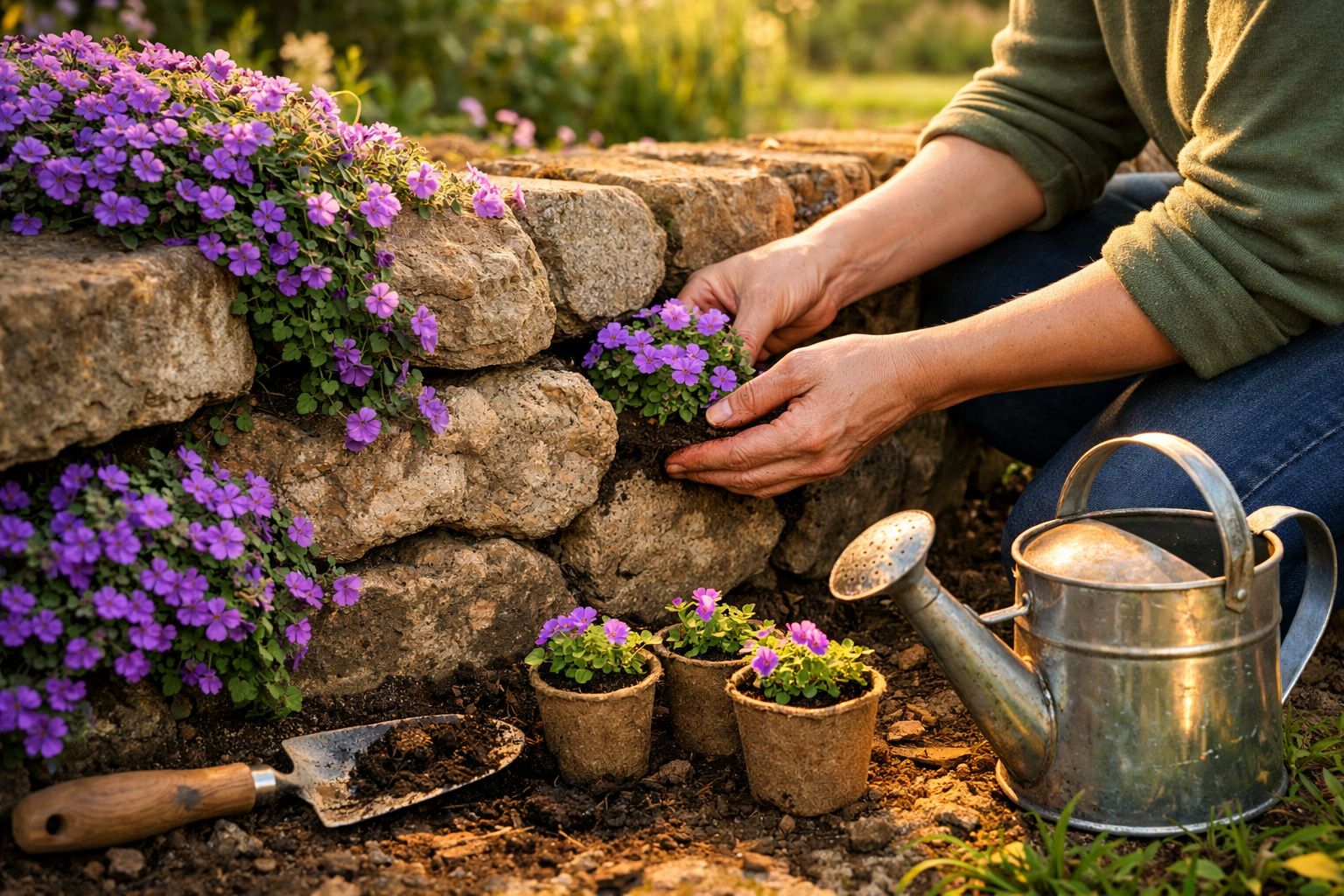 Mãos a plantar flores roxas junto a um muro de pedra, com regador e vasos no chão de terra.