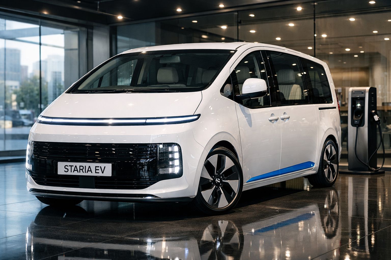 Carro elétrico branco Hyundai Staria EV estacionado em interior moderno junto a posto de carregamento.