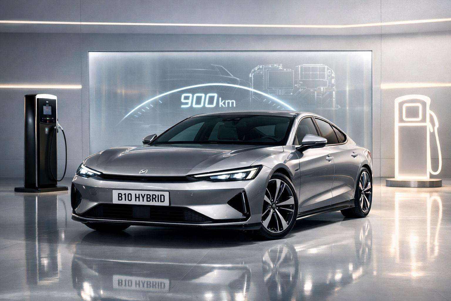 Carro híbrido prateado em espaço moderno com postos de carregamento elétrico e indicação de autonomia de 900 km.