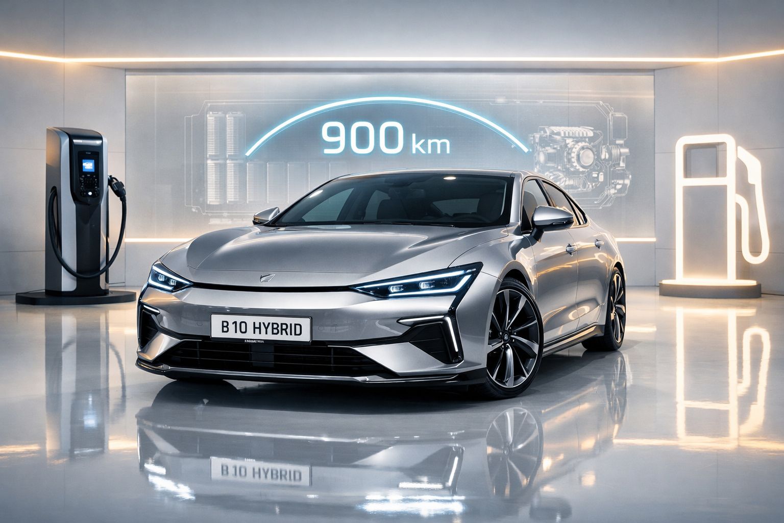 Carro híbrido prateado B10 estacionado em sala moderna com símbolo de autonomia de 900 km e postos de carregamento.