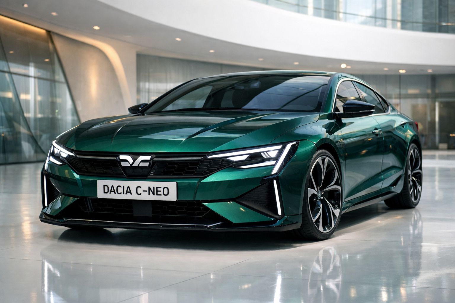 Dacia C-Neo verde metálico num espaço interior moderno e iluminado.