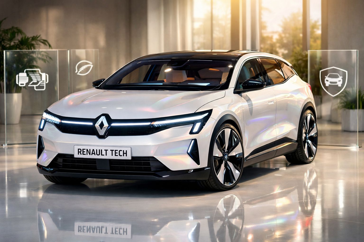 Carro elétrico Renault Tech branco com design moderno e linhas aerodinâmicas estacionado num ambiente interior.