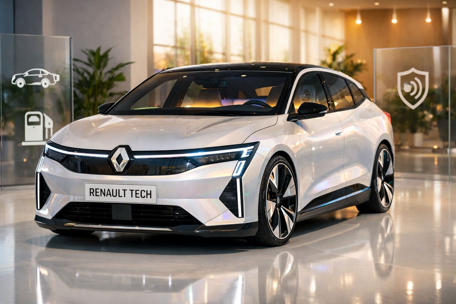 Carro elétrico branco da Renault Tech em exposição numa sala iluminada, com símbolos de tecnologia e segurança.