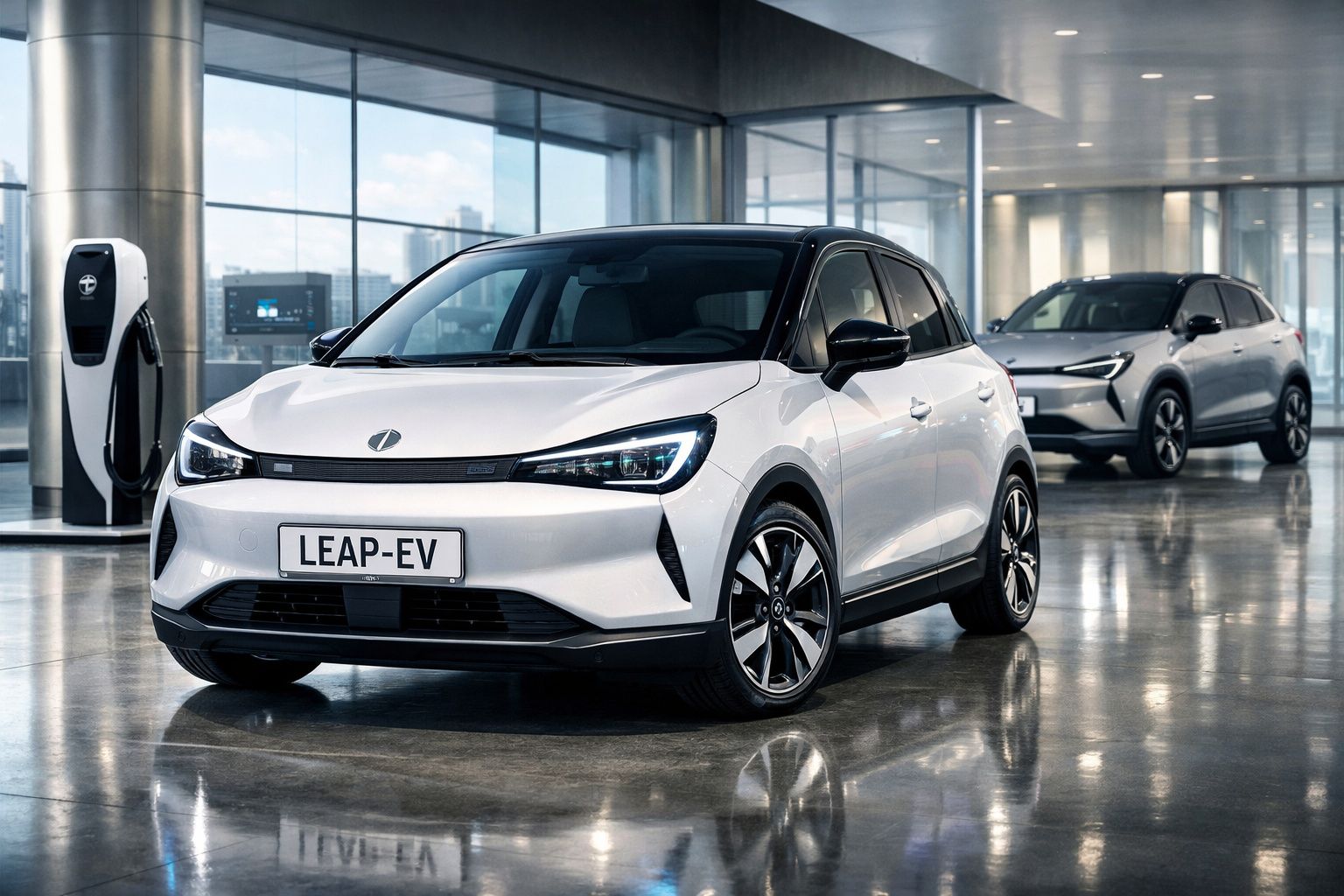 Dois carros elétricos brancos LEAP-EV estacionados num espaço moderno com carregadores elétricos.
