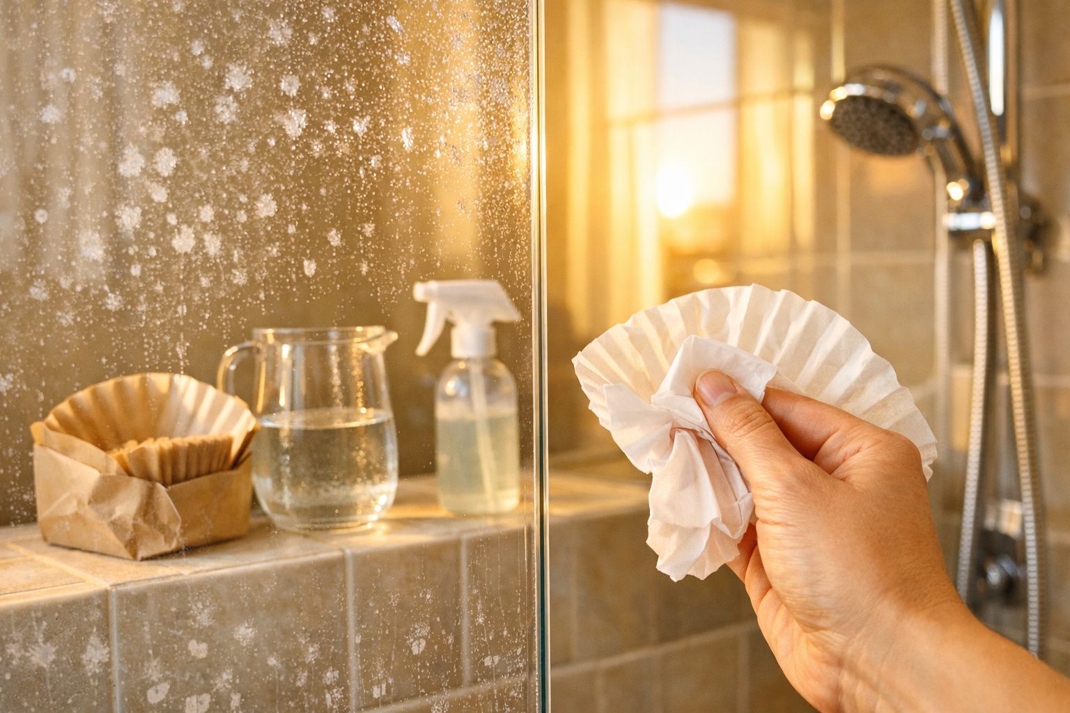 Mão a limpar vidro de cabine de duche com guardanapo ao lado de jarro e pulverizador num banheiro.