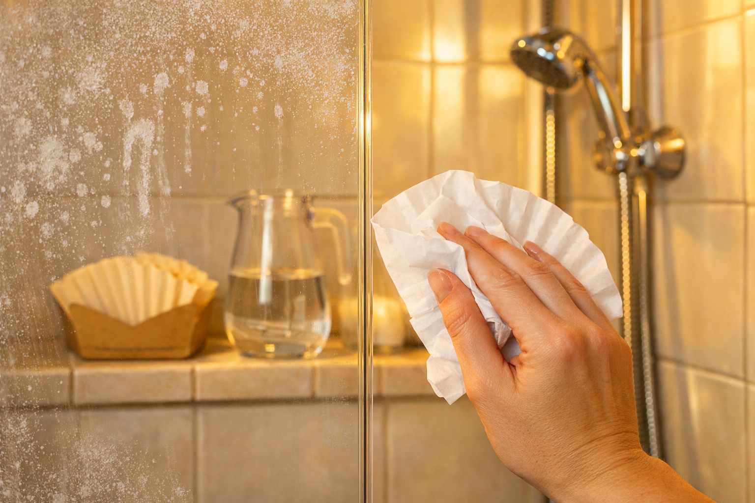 Mão limpa vidro de duche com papel, fundo mostra jarro de vidro e filtro de café no chuveiro.