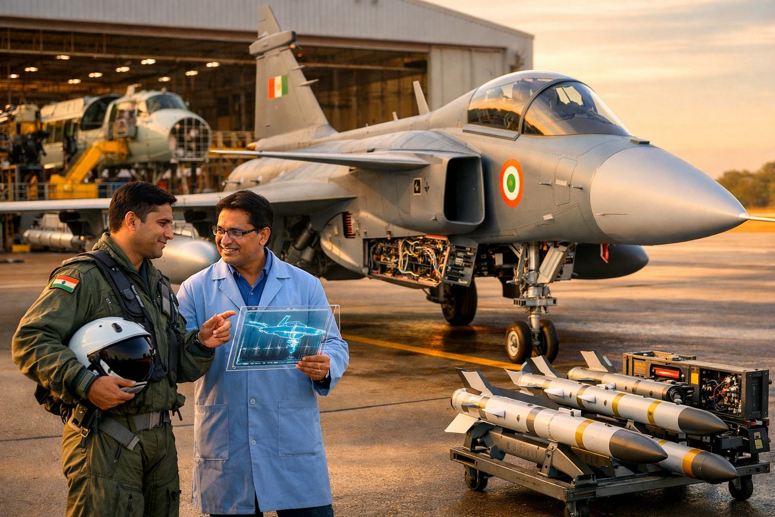Piloto e técnico indianos discutem informações junto a caça militar e armamento num hangar ao pôr do sol.