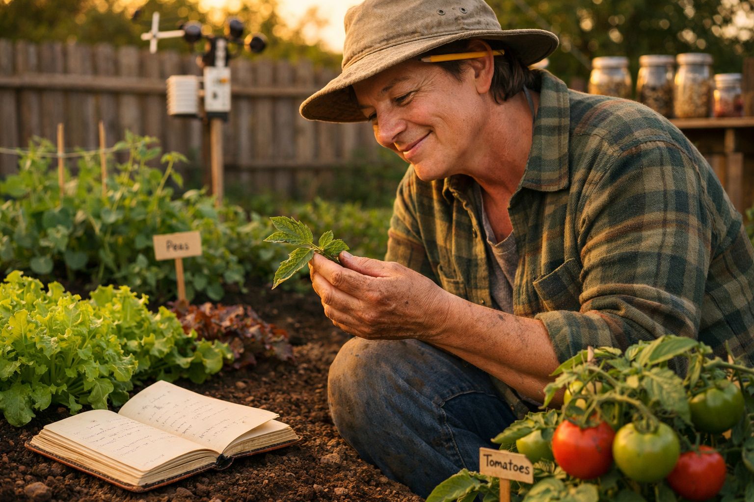Homem sorridente a examinar folha no jardim com legumes, em dia soalheiro, usando chapéu e camisa às riscas.