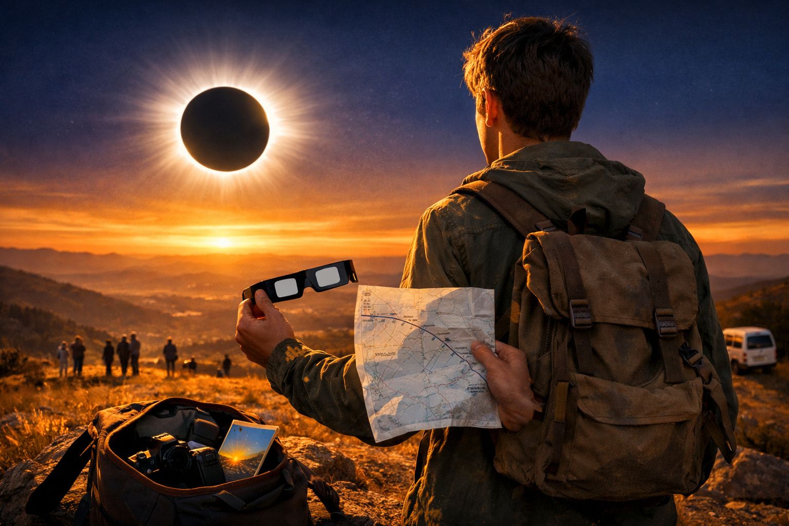 Pessoa com mochila e mapa observa eclipse solar total ao pôr do sol numa paisagem montanhosa.