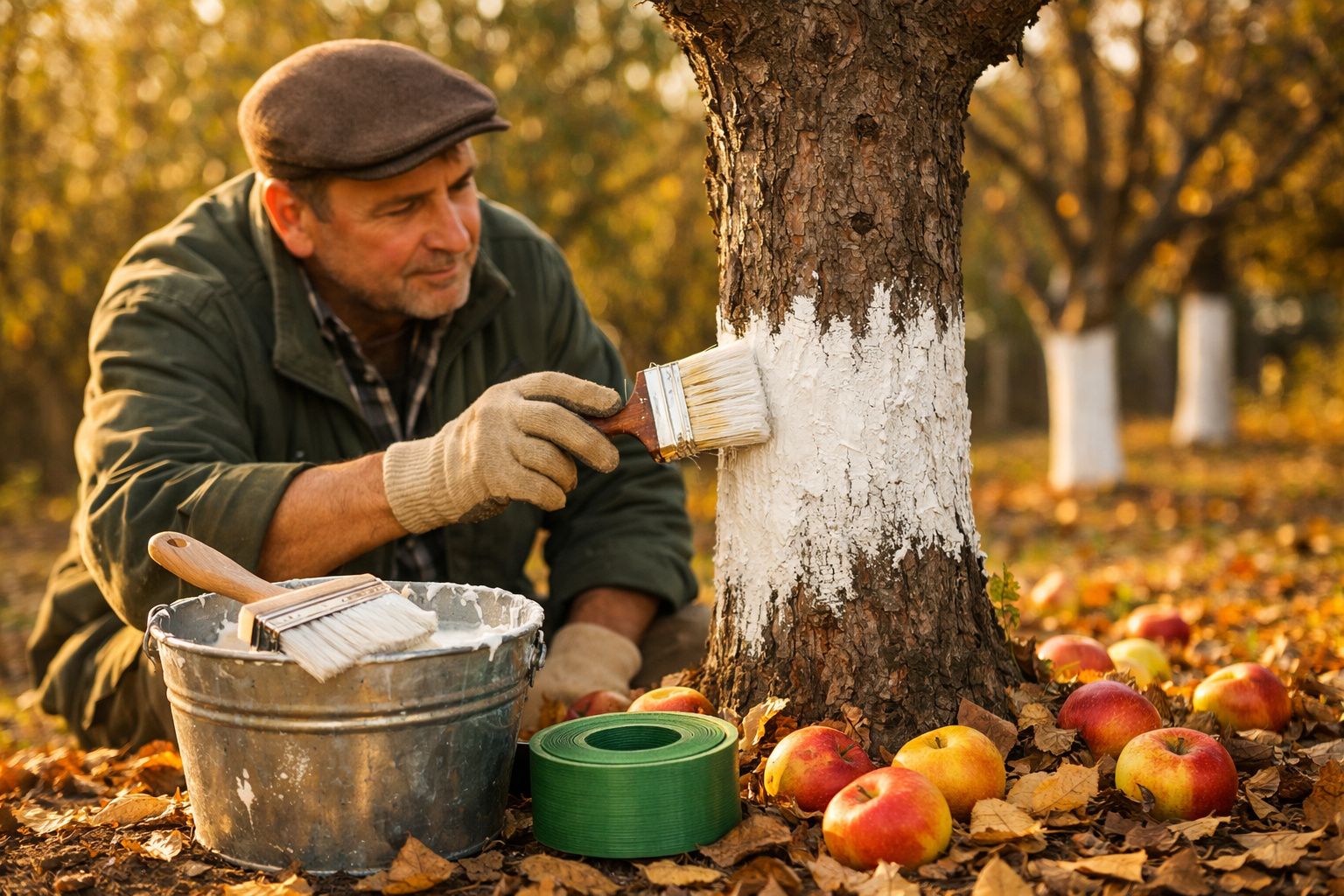 Homem pinta o tronco de uma árvore com cal, rodeado por maçãs caídas e folhas de outono.