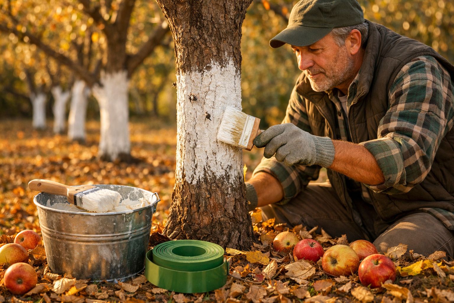 Homem pinta tronco de árvore com tinta branca numa pomar, rodeado de maçãs no chão e utensílios.