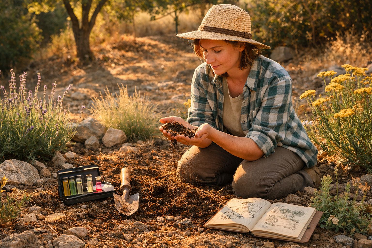 Mulher de chapéu examina terra na mão junto a estufa de amostras, pá e caderno aberto num jardim ao ar livre.