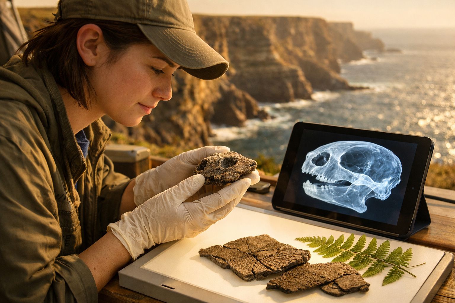 Mulher com luvas examina fóssil junto a tablete com imagem digital de crânio à beira-mar.
