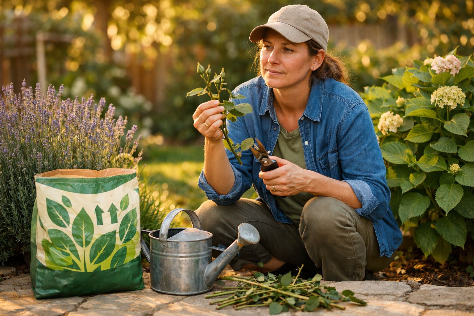 Mulher a podar plantas no jardim ao final da tarde com regador e saco de adubo ao lado.