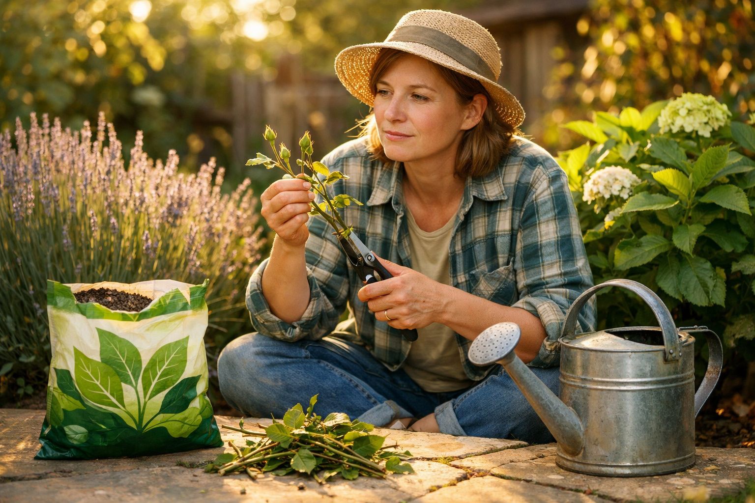 Mulher com chapéu a podar plantas sentada no chão do jardim entre regador e saco de terra.
