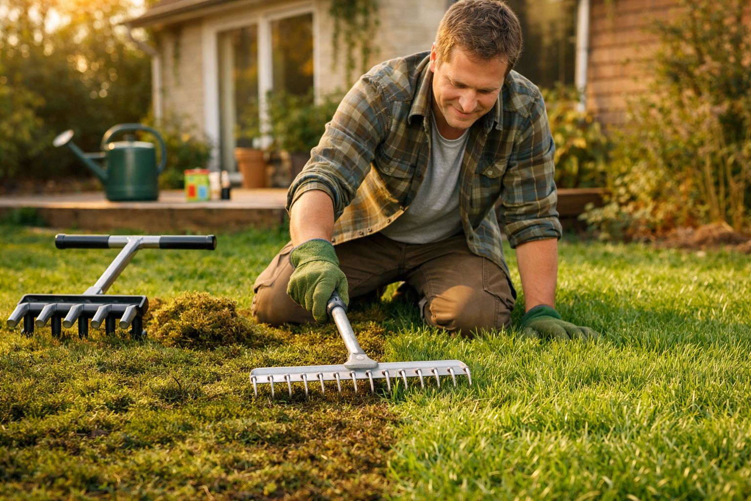 Homem a limpar relva seca do jardim com ancinho, usando luvas verdes e roupa casual.