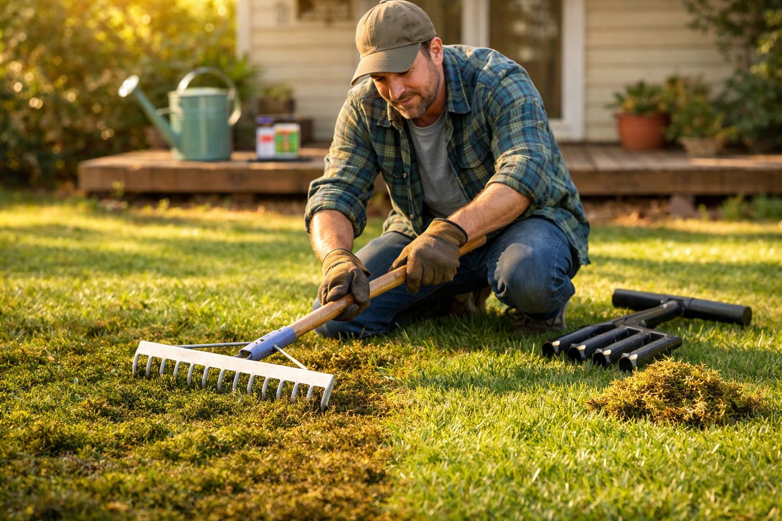 Homem a cuidar do jardim com ancinho, removendo musgo do relvado ao final da tarde.