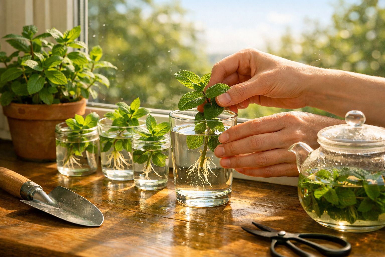 Mãos a colocar rama de hortelã com raízes em copo de água junto a três copos semelhantes e um regador de vidro.