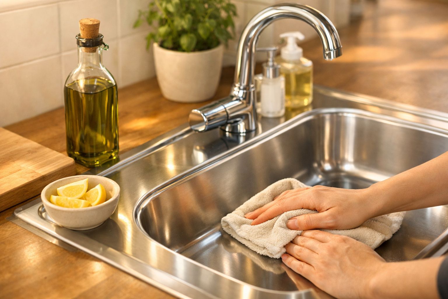 Mãos limpando a cuba da cozinha em inox com um pano, ao lado limão e garrafa de azeite.