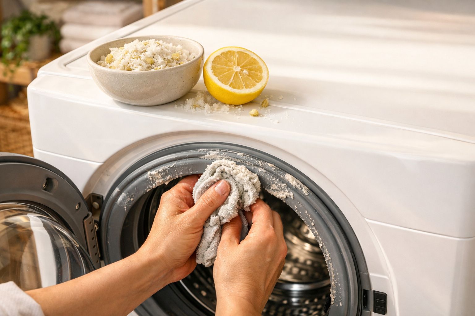 Mãos a limpar a borracha da porta de uma máquina de lavar roupa com uma mistura de limão e sal.