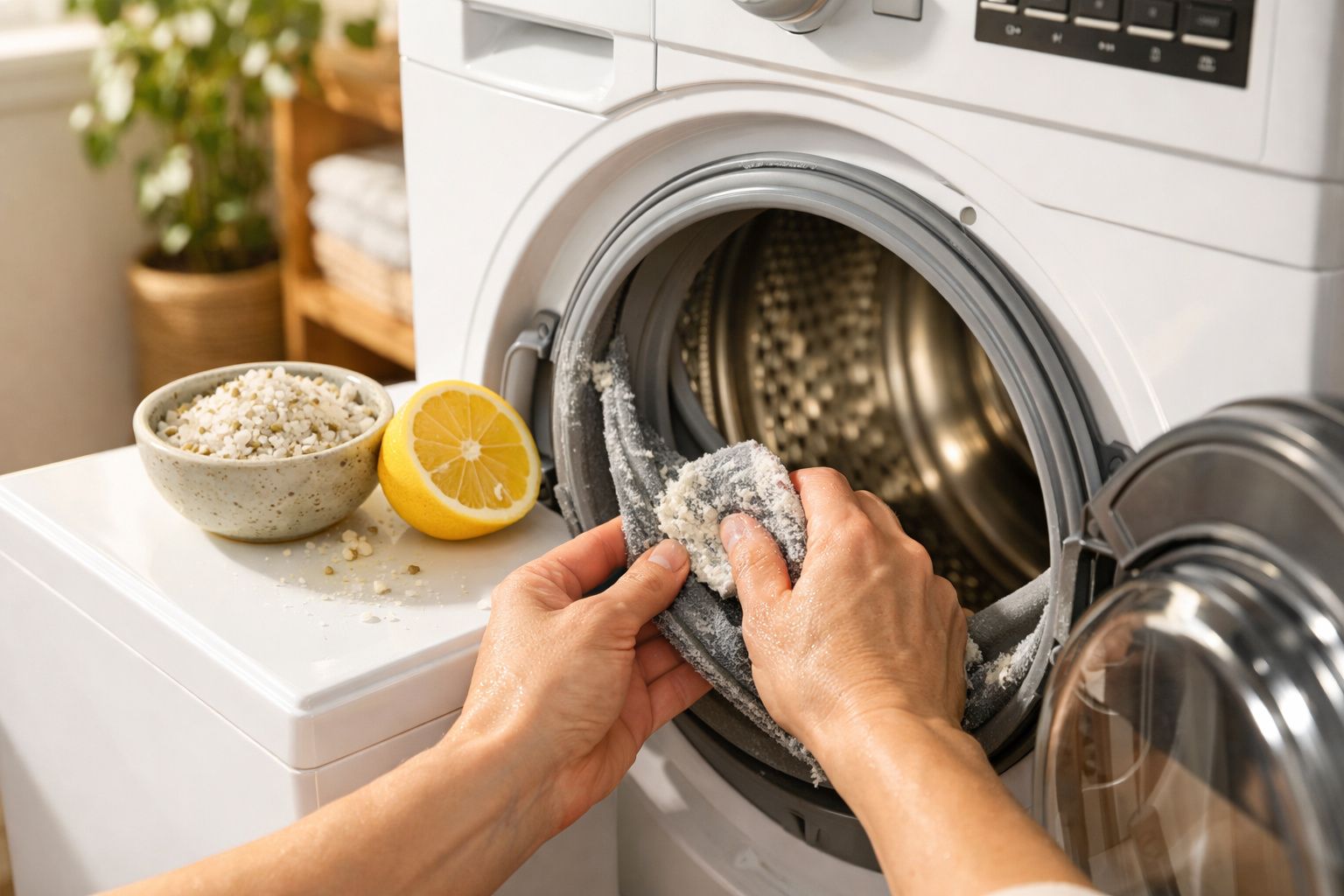 Mãos esfregam um pano sujo com sal grosso junto a uma máquina de lavar roupa branca.