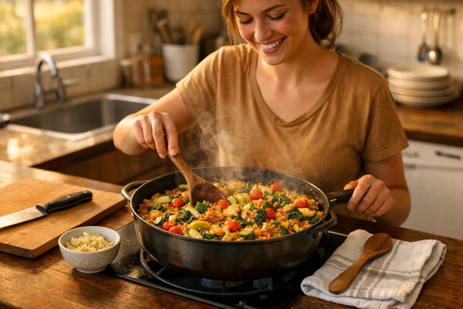 Mulher a cozinhar um prato colorido com legumes numa frigideira na cozinha.
