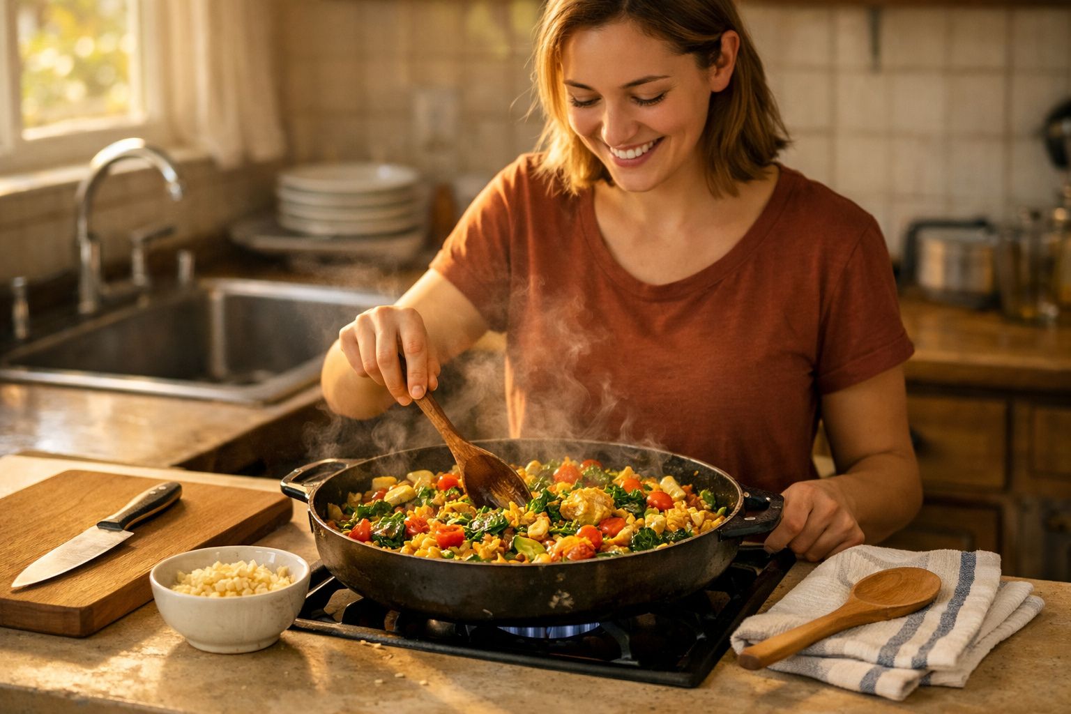 Mulher sorridente a cozinhar um prato colorido e fumegante numa panela numa cozinha rústica.