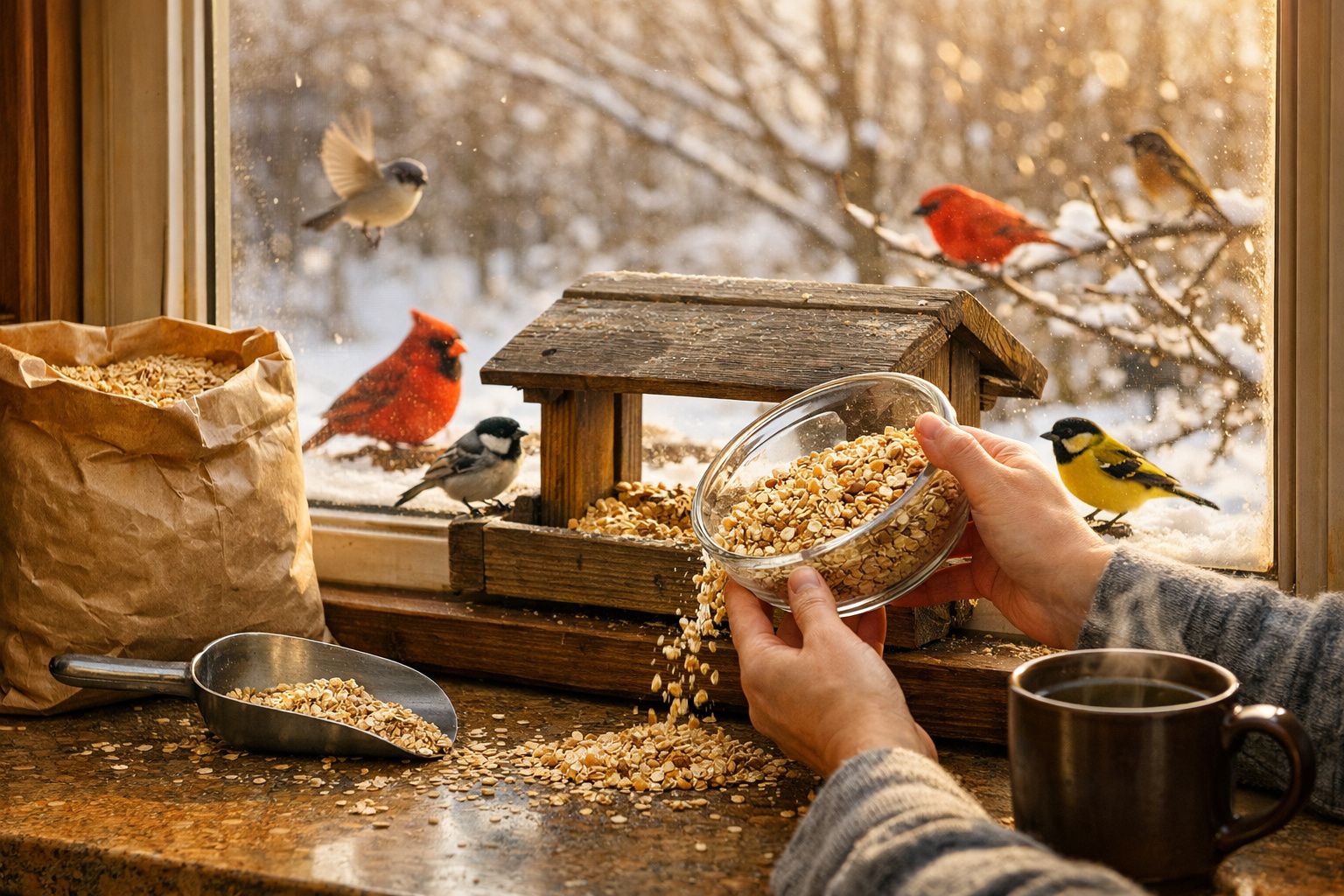 Pessoa a alimentar pássaros de inverno numa estação de alimentação de madeira junto a uma janela com cenários nevados.