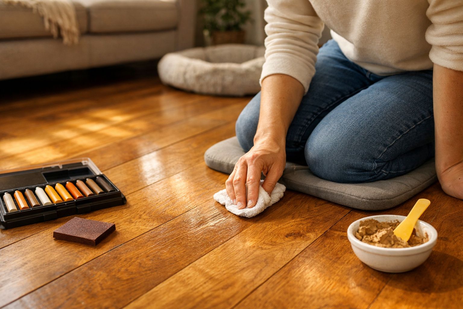 Pessoa a reparar risco num chão de madeira com giz reparador e pano branco, sentada em almofada cinza.