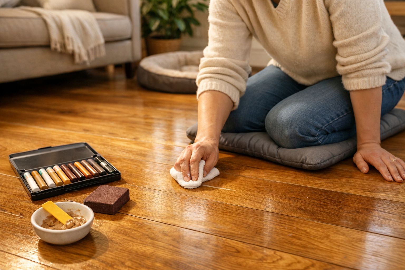 Pessoa a restaurar chão de madeira com kits de reparação em ambiente doméstico.