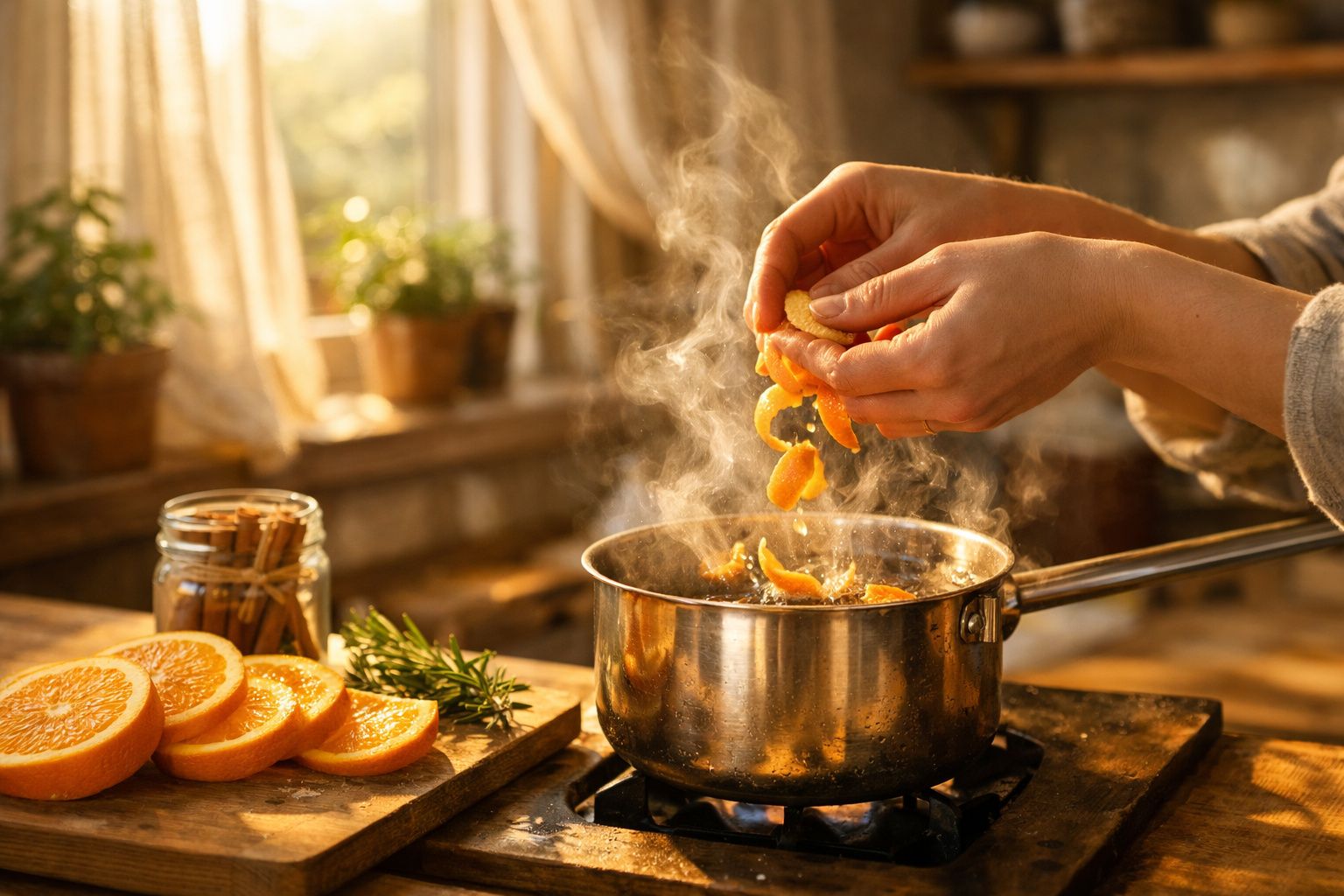 Mãos a adicionar cascas de laranja a panela com vapor numa cozinha iluminada a luz natural.