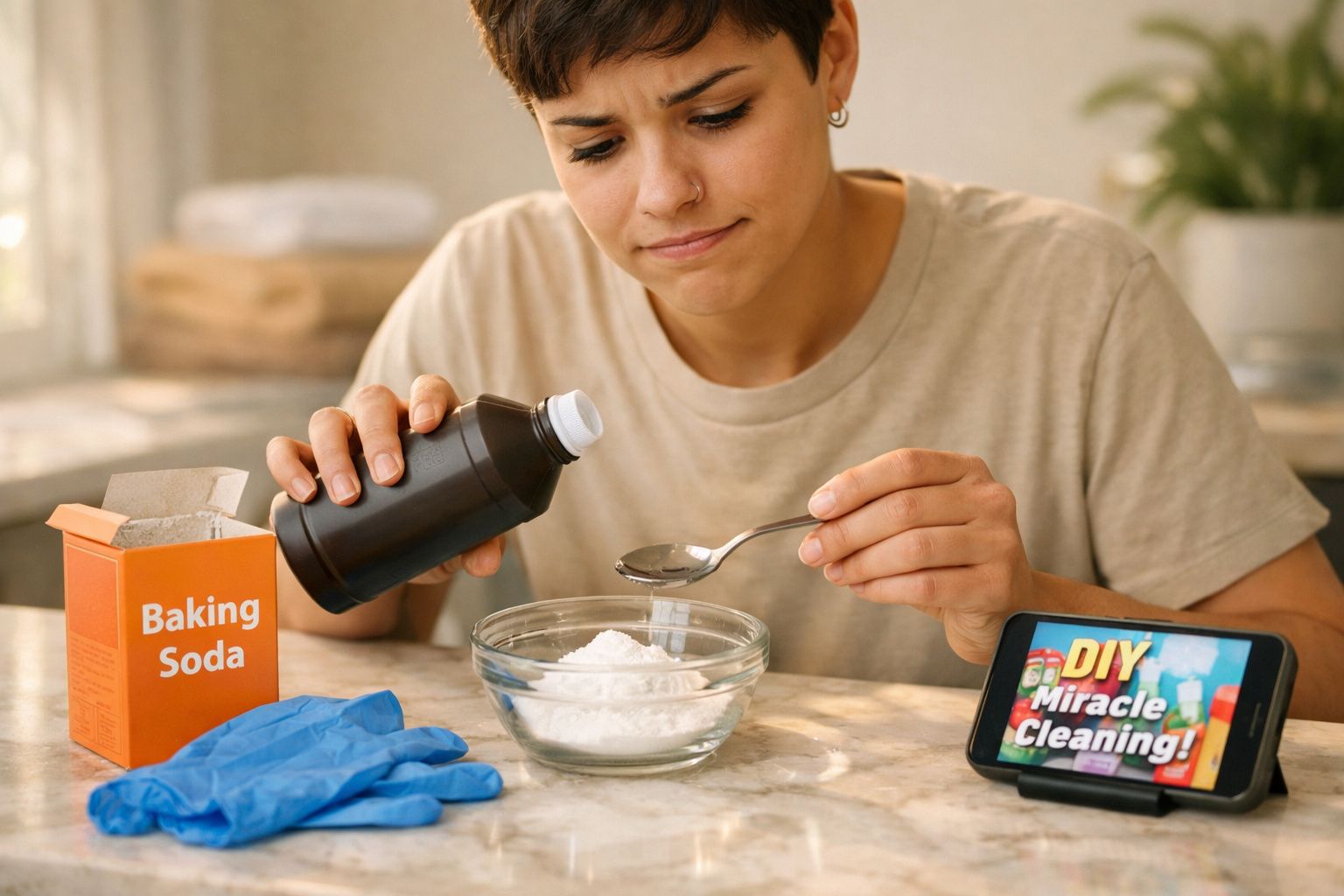 Pessoa a preparar mistura caseira de limpeza com bicarbonato e líquido, seguindo tutorial no telemóvel.