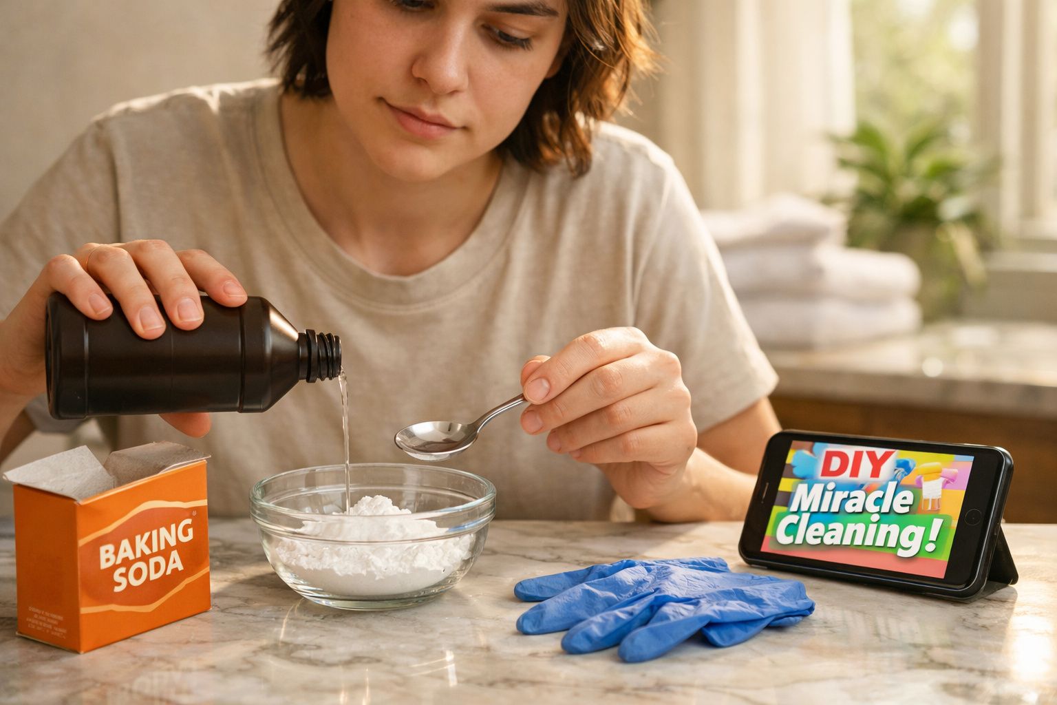 Pessoa a preparar mistura de limpeza com bicarbonato e líquido, com vídeo DIY de limpeza no telemóvel.